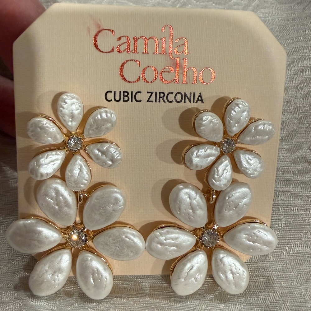 Camila Coelho Gold and White Floral Double Drop Earrings